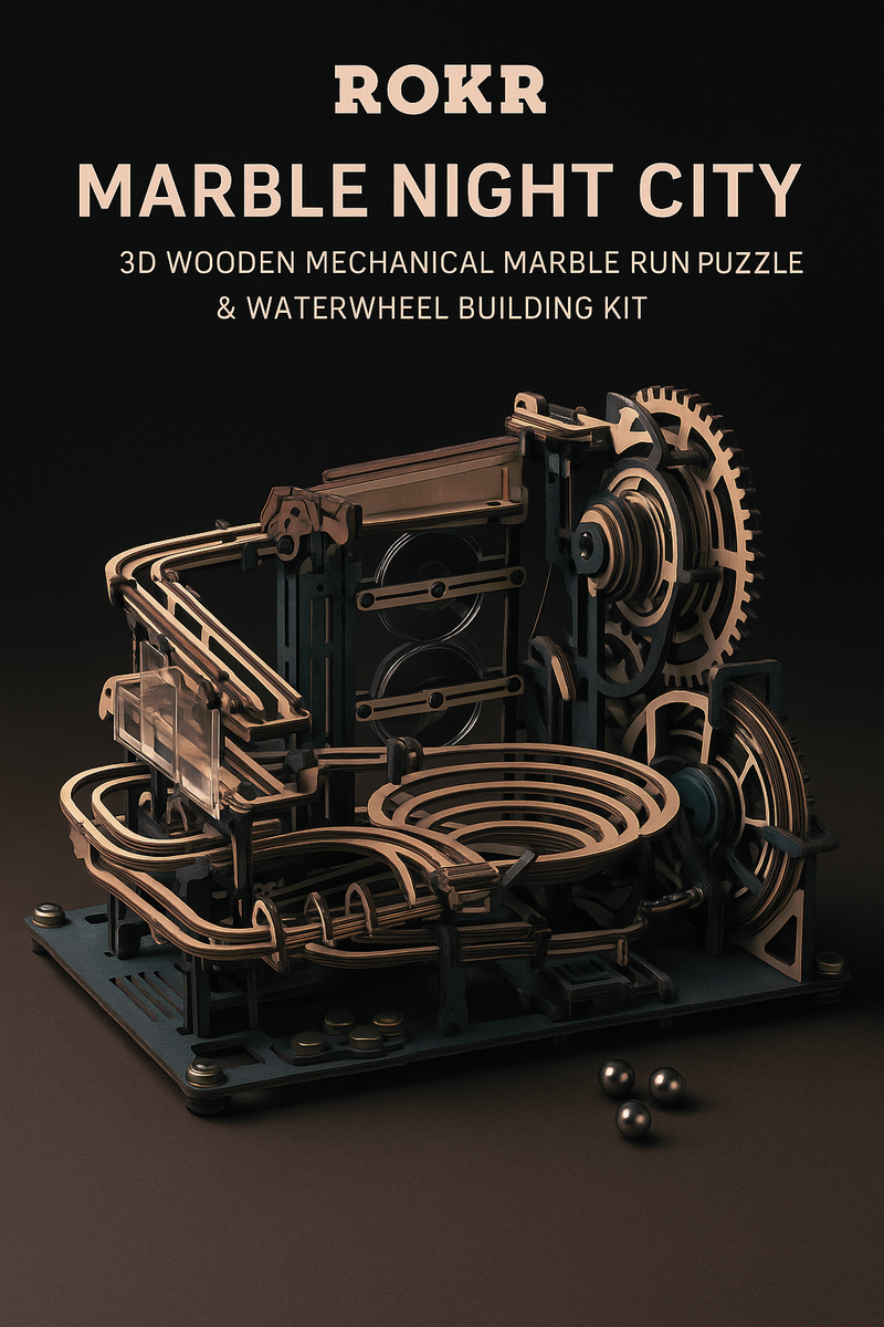 ROKR Marble Night City 3D wooden puzzle with working waterwheel mechanism and marble run track