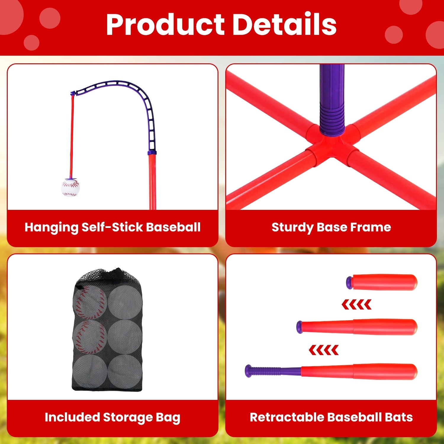 Baseball training set with 4 balls, sticky balls and ground stakes for indoor outdoor use
