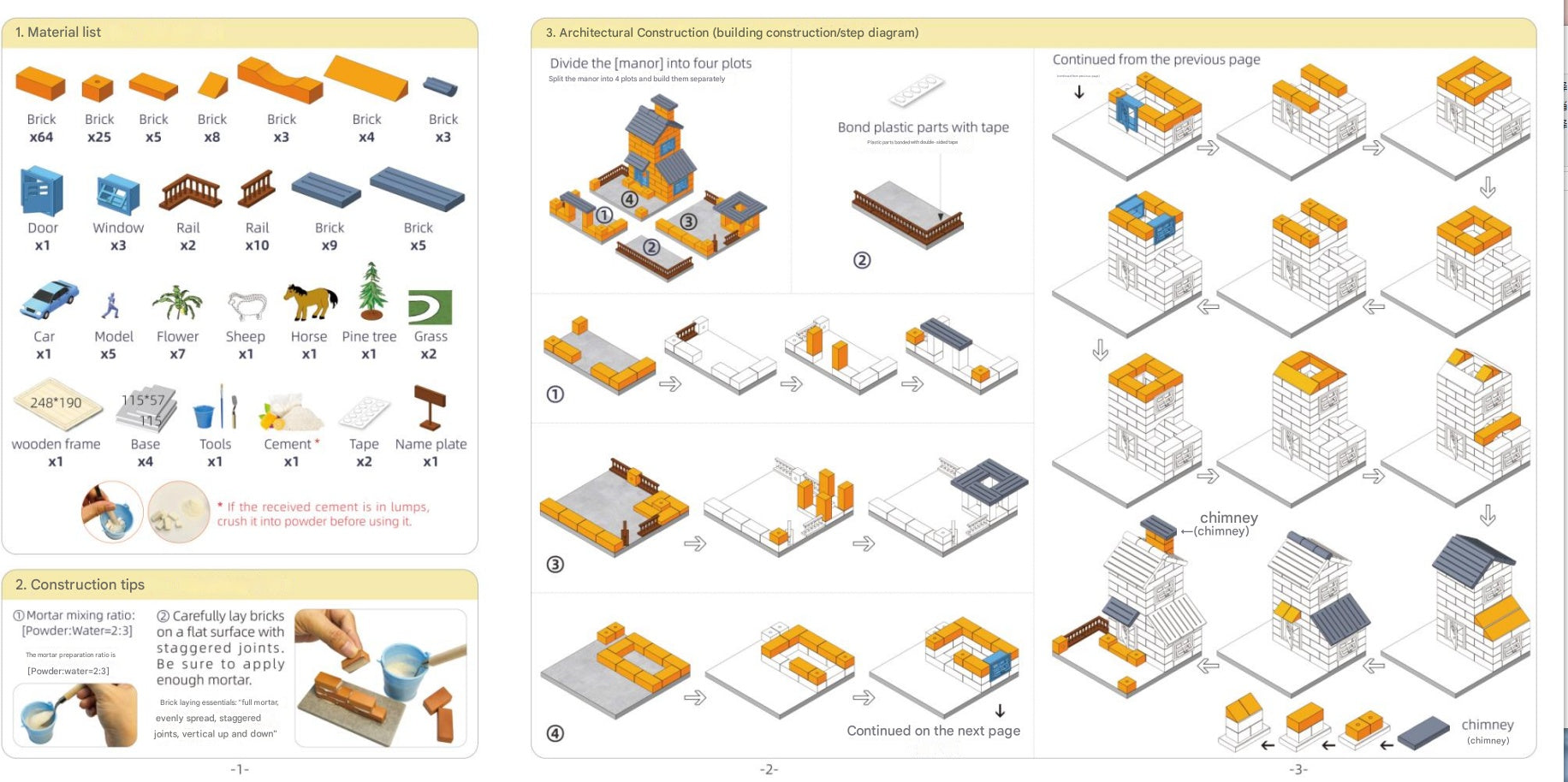 Mini brick house kit with trowel, mixing tools and step-by-step instructions
