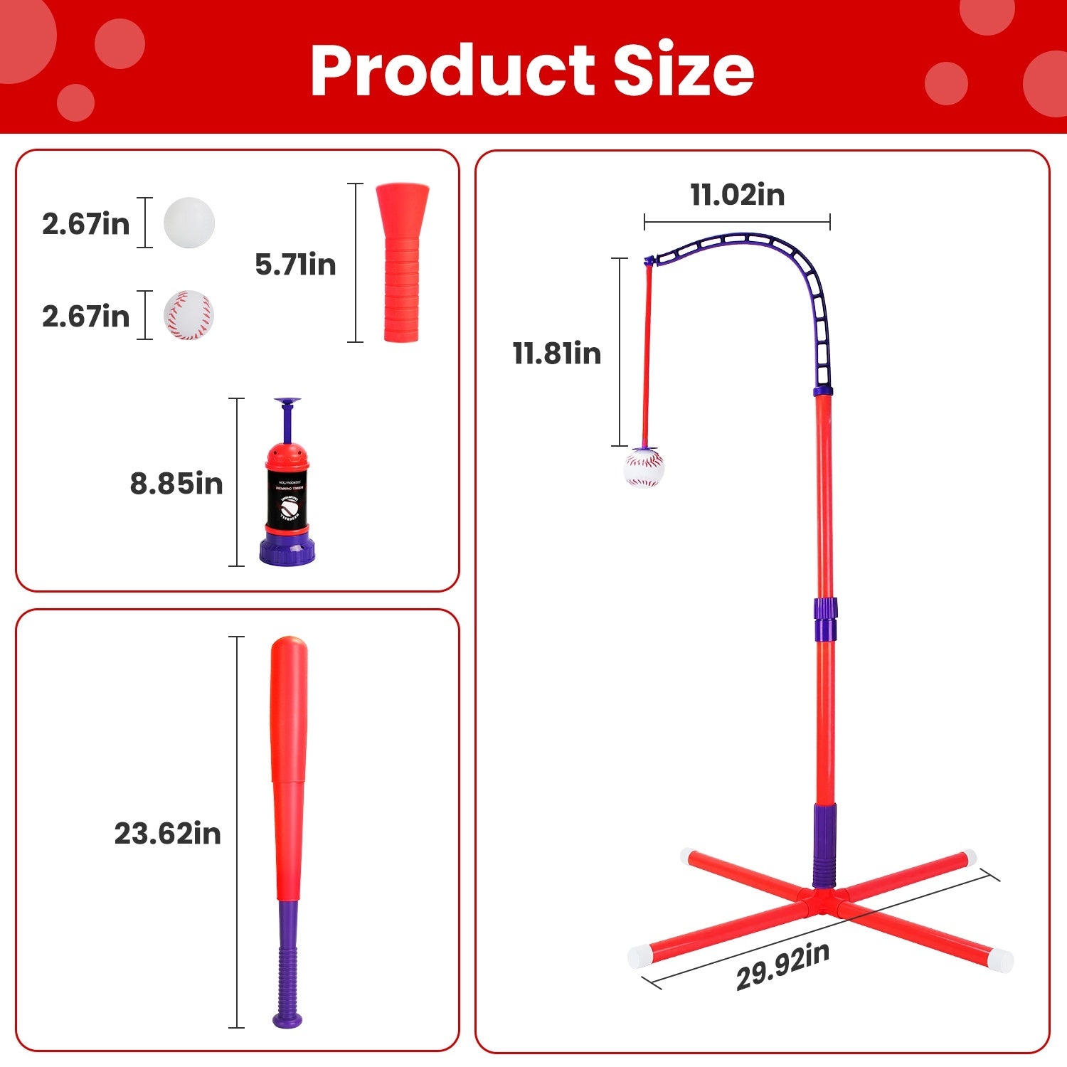 Complete baseball set showing hanging tee, fixed tee and automatic ball launcher modes