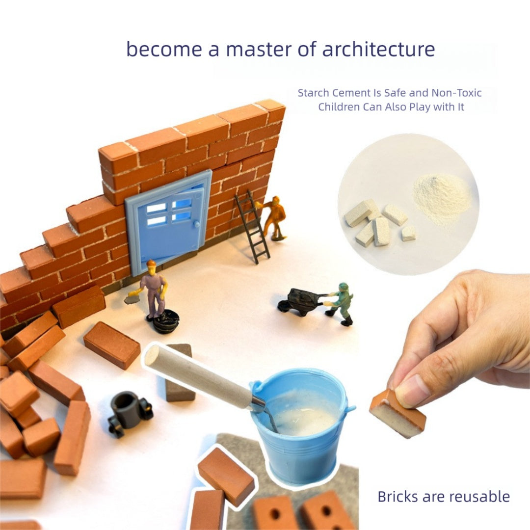 Mini brick construction kit showing authentic building materials and tools
